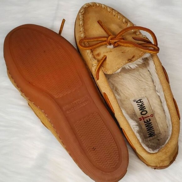 Minnetonka Leather Pile Lined Hard Moccasin Slipper Leather Laces Womens 5 - Picture 12 of 15